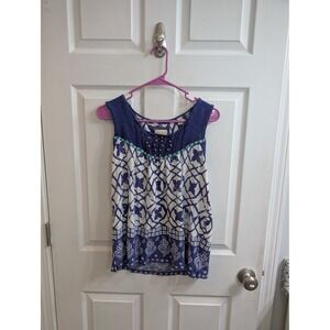 Meadow Rue Anthropologie Blue White Geometric Beaded Knit Tank Top - Size L